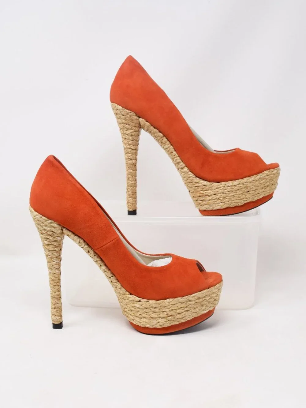 Mojo Moxy Tropicana Platform Pumps 7.5 B Orange Espadrille Heels New Open Peep